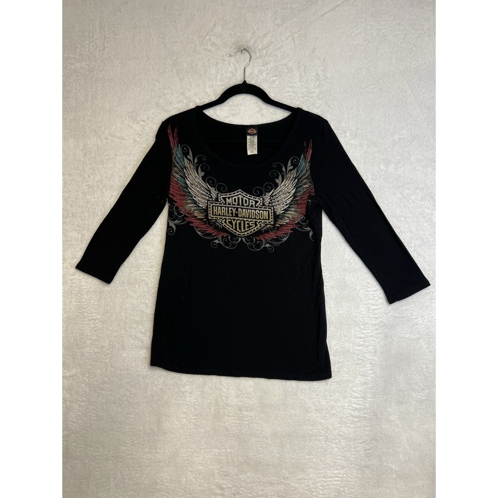 Harley-Davidson Women's Large Wing Logo 3/4 Sleeve Shirt Black USA